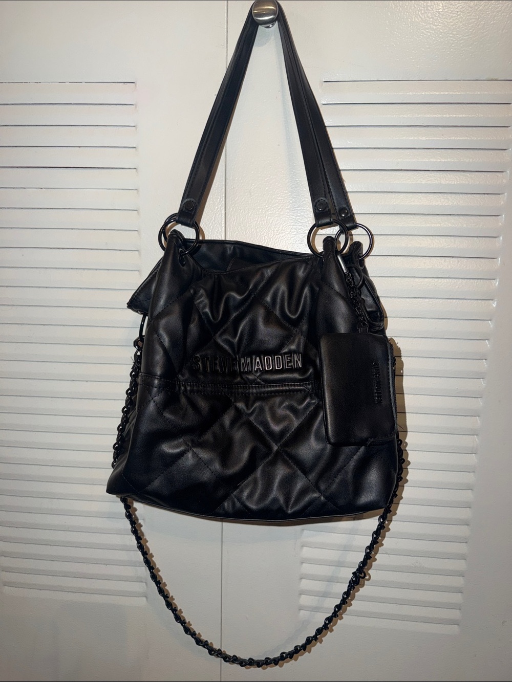 Steve Madden Black Quilted Shoulder Tote with coin purse and Chain Accent